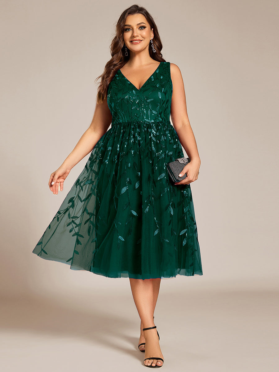 V-Neck Sequine Sleeveless A-Line Party Dress #color_Dark Green