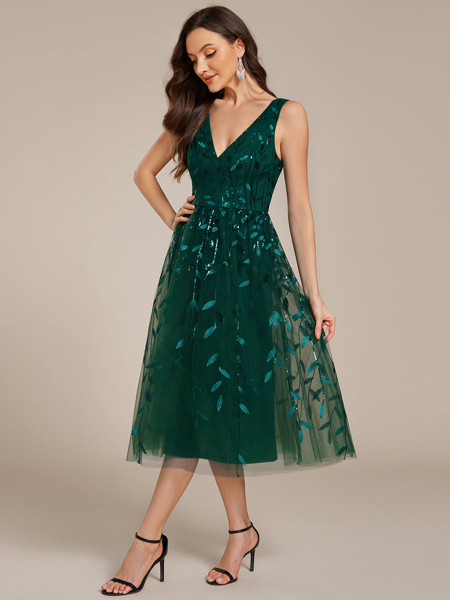 V-Neck Sequine Sleeveless A-Line Party Dress #color_Dark Green