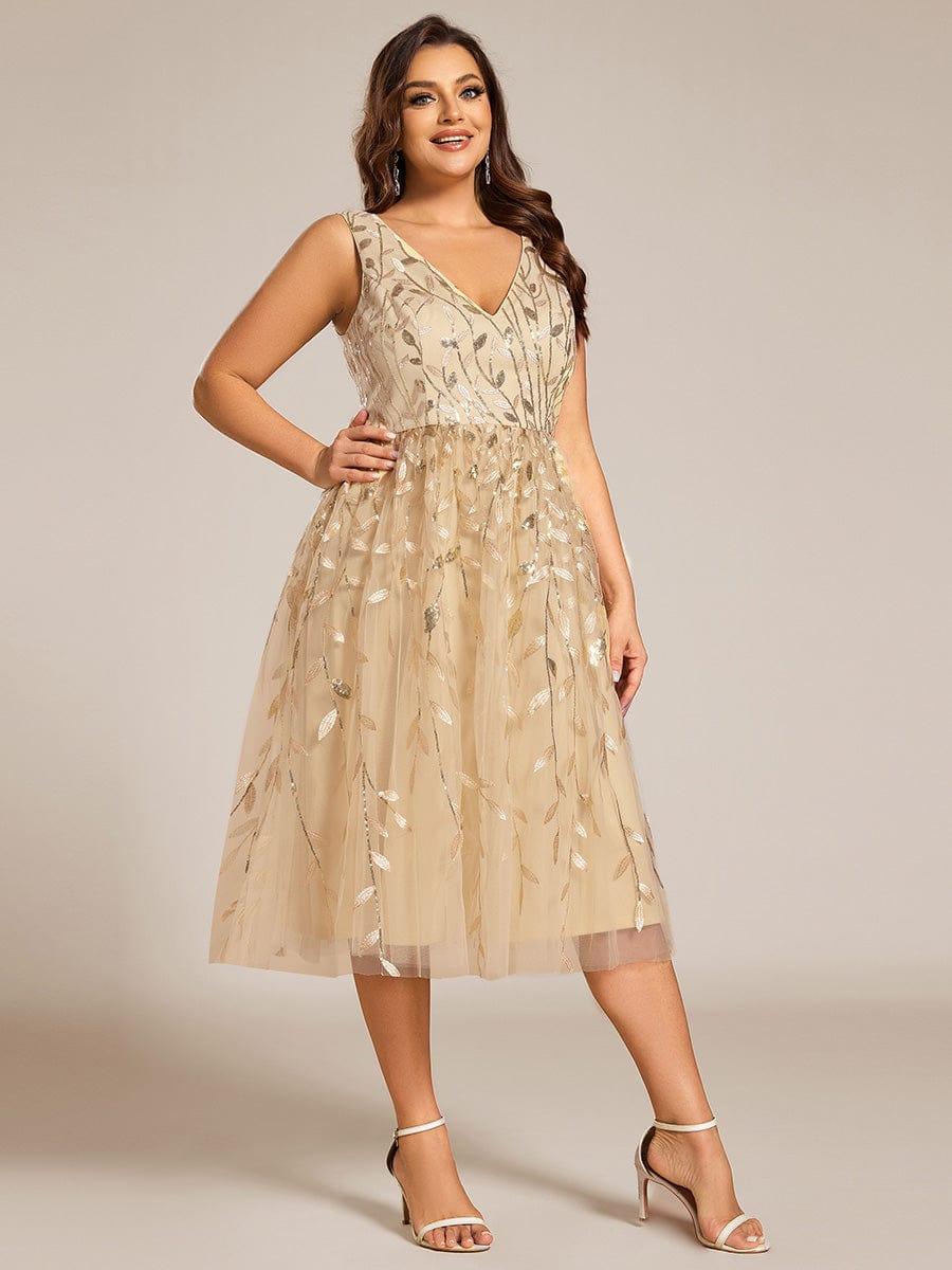 Plus Size Sleeveless Leaf Sequin A-Line Midi Wedding Guest Dress #color_Gold