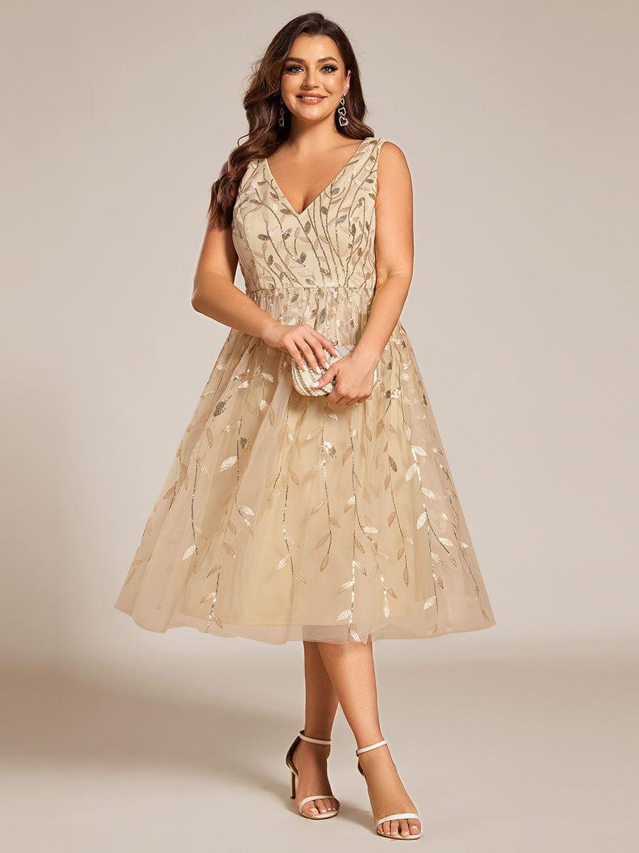 Plus Size Sleeveless Leaf Sequin A-Line Midi Wedding Guest Dress #color_Gold