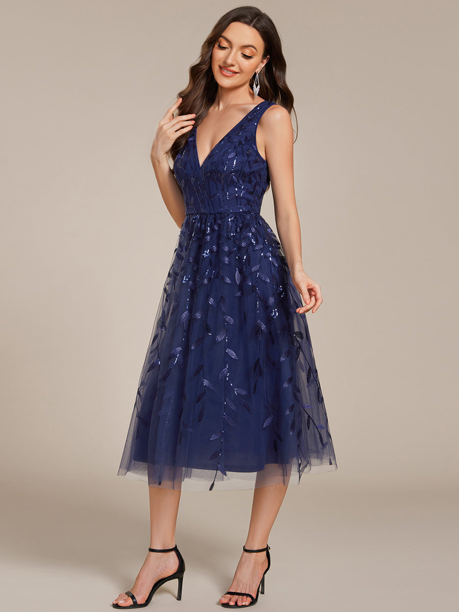 V-Neck Sequine Sleeveless A-Line Party Dress #color_Navy Blue