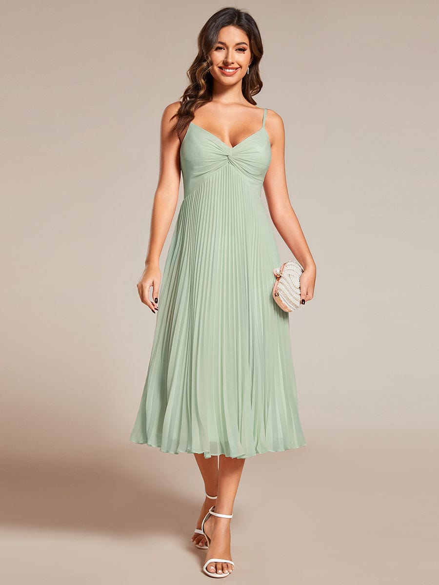 Midi Tiered Pleated V-Neck Wedding Guest Dress Featuring Spaghetti Straps