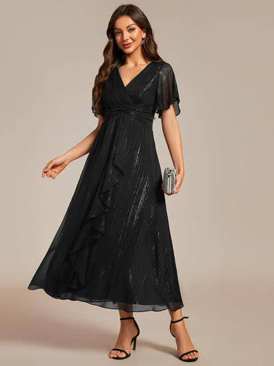 ever OPAHL|Silver Metallic Fabric V-Neck A-Line Wedding Guest Dress Featuring Delicate Ruffled Hem