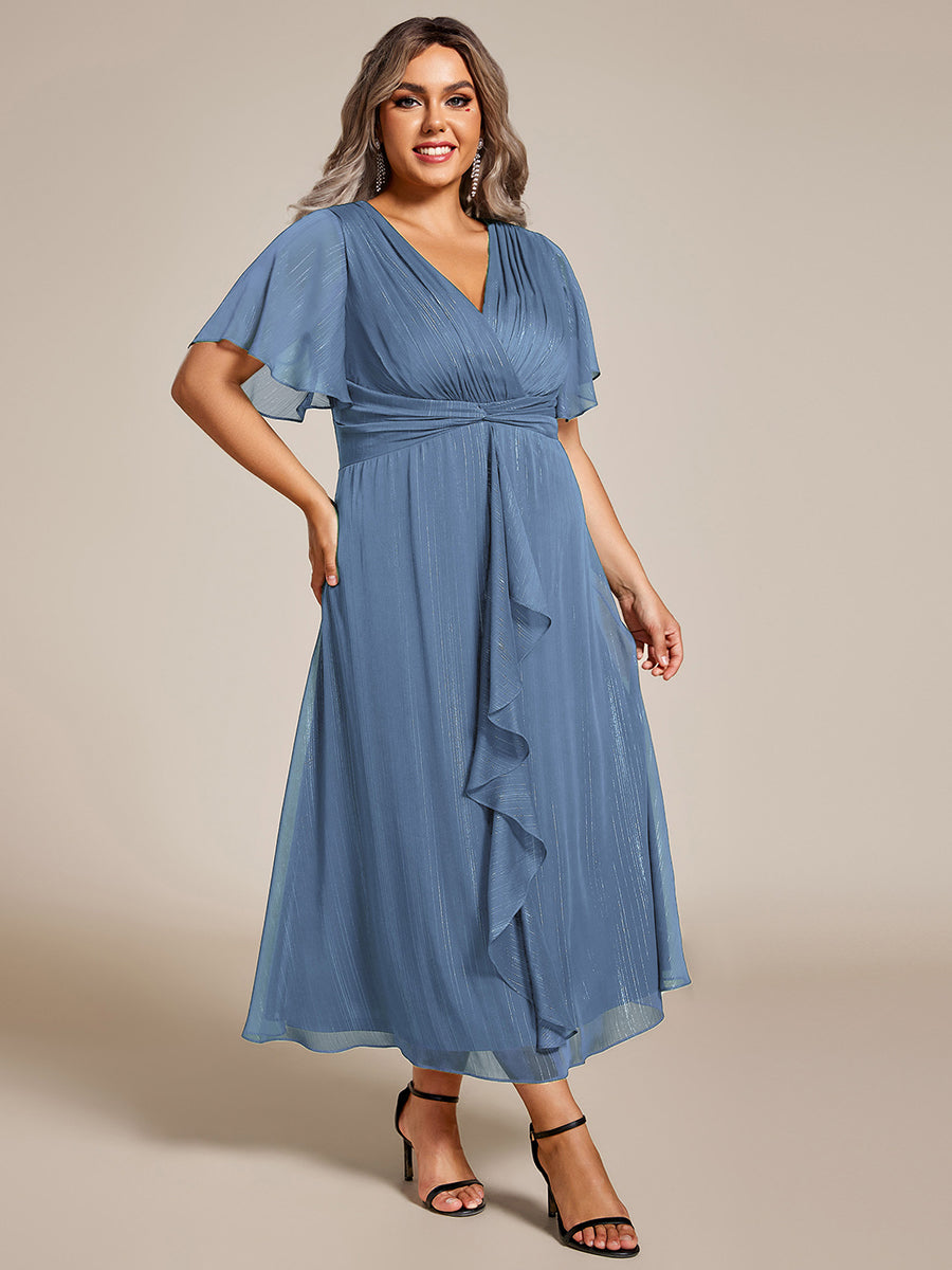 Plus Size Silver Metallic Fabric V-Neck A-Line Dress featuring Delicate Ruffled Hem #color_Dusty Blue