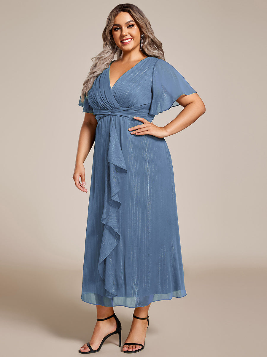 Plus Size Silver Metallic Fabric V-Neck A-Line Dress featuring Delicate Ruffled Hem #color_Dusty Blue