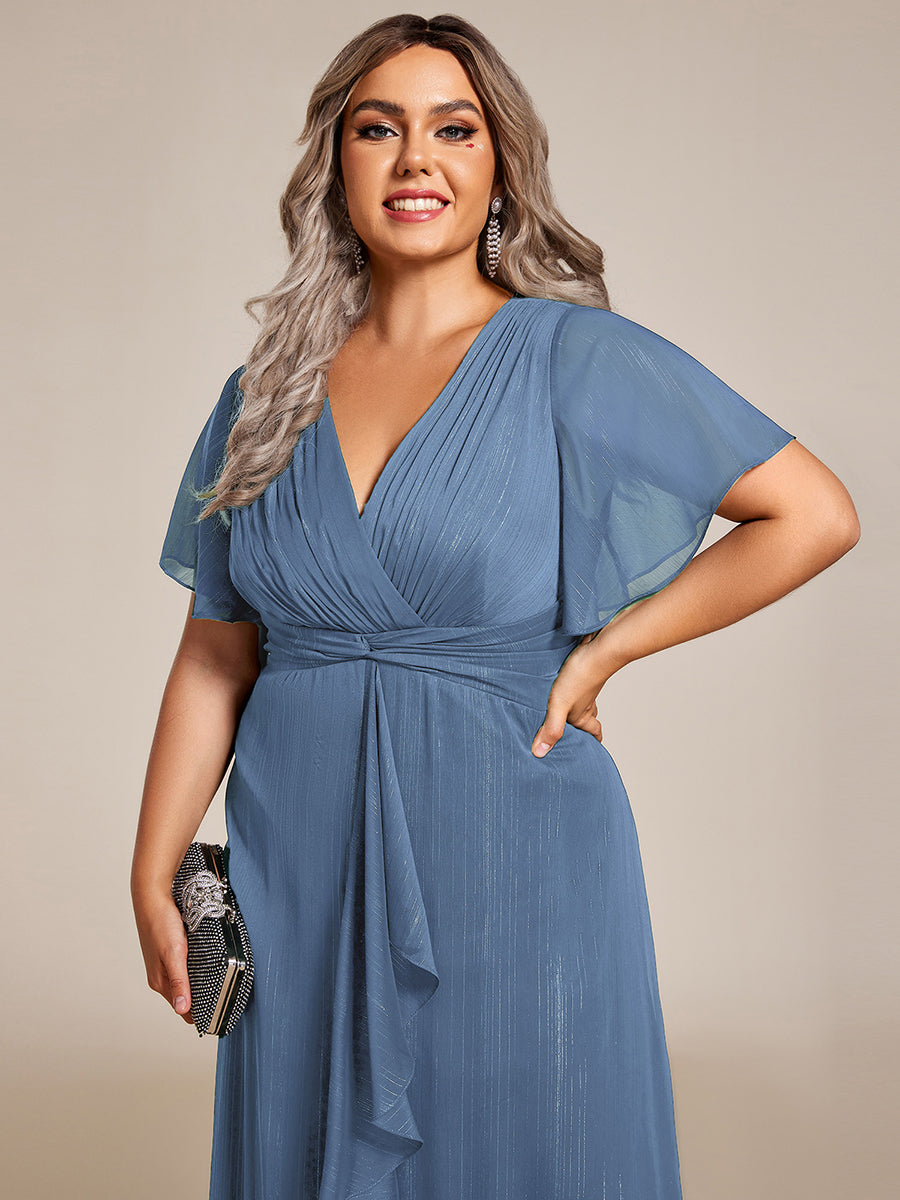 Silver Metallic Fabric V-Neck A-Line Dress featuring Delicate Ruffled Hem #color_Dusty Blue