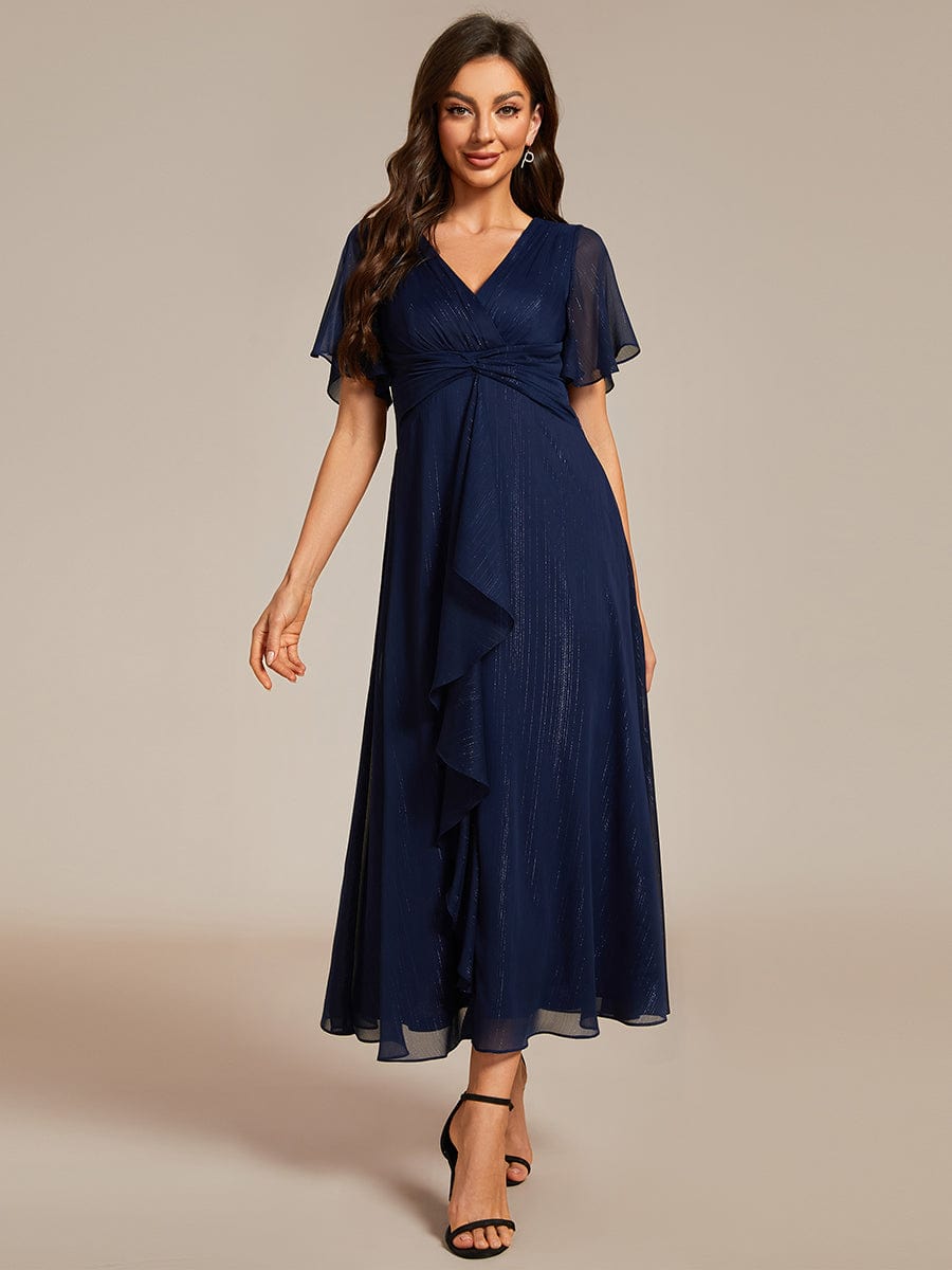 Silver Metallic Fabric V-Neck A-Line Dress featuring Delicate Ruffled Hem #color_Navy Blue