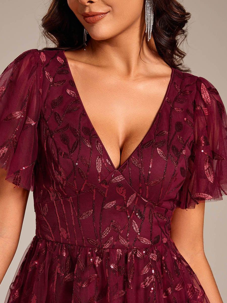 Leaf Sequin V-Neck Midi Bridesmaid Dress #color_Burgundy