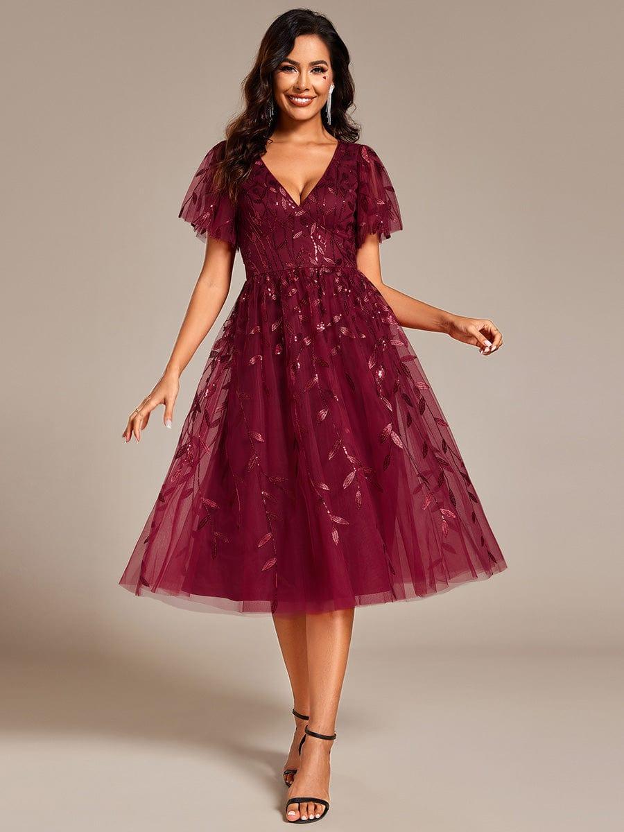 Leaf Sequin V-Neck Midi Bridesmaid Dress #color_Burgundy