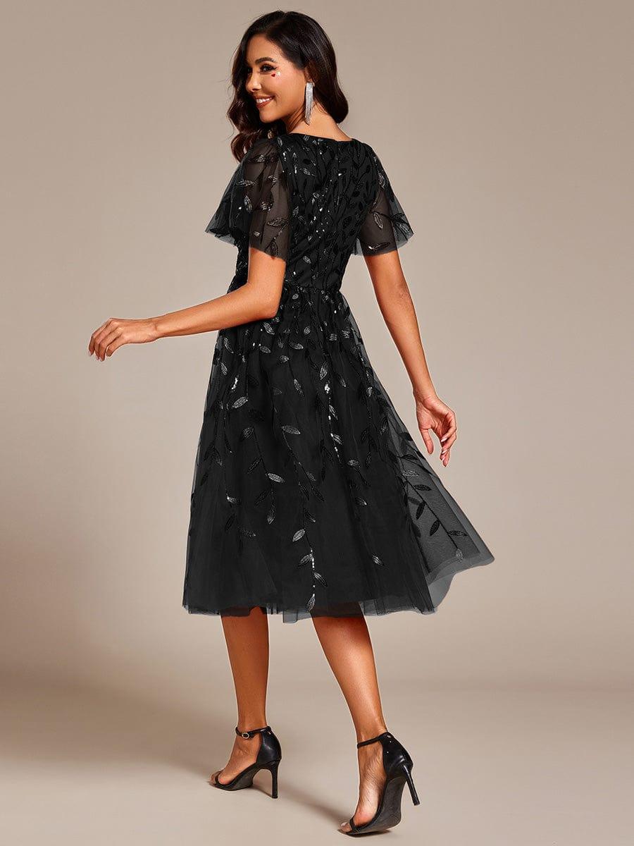 Leaf Sequin V-Neck Midi Bridesmaid Dress #color_Black