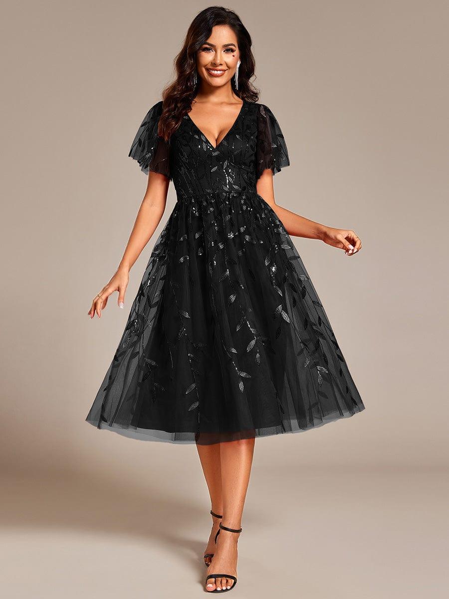 Leaf Sequin V-Neck Midi Bridesmaid Dress #color_Black