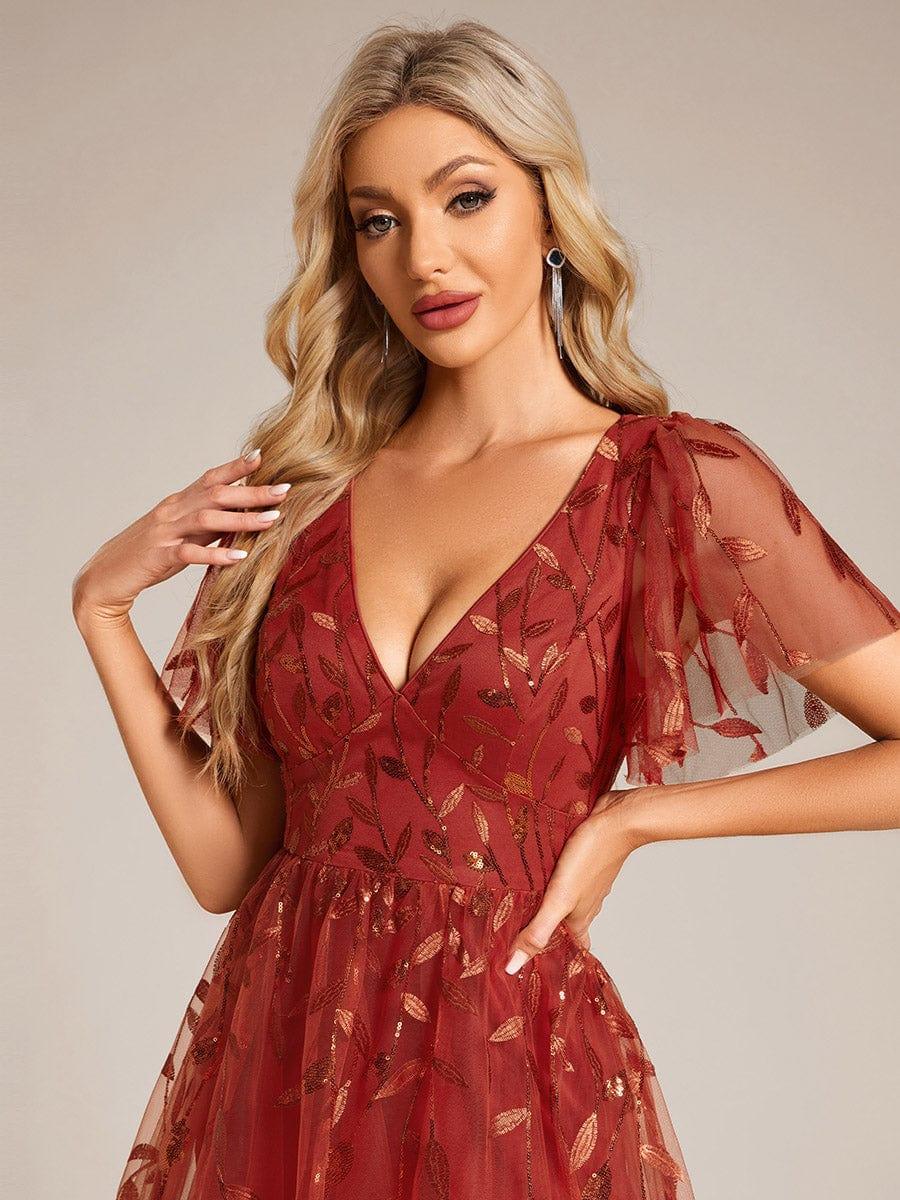 Leaf Sequin V-Neck Midi Bridesmaid Dress #color_Burnt Orange