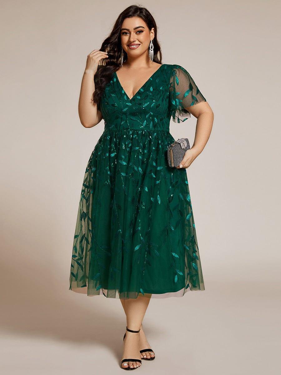 Plus Size Sparkly Midi Cocktail Dress #color_Dark Green