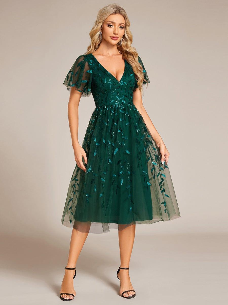 Leaf Sequin V-Neck Midi Bridesmaid Dress #color_Dark Green