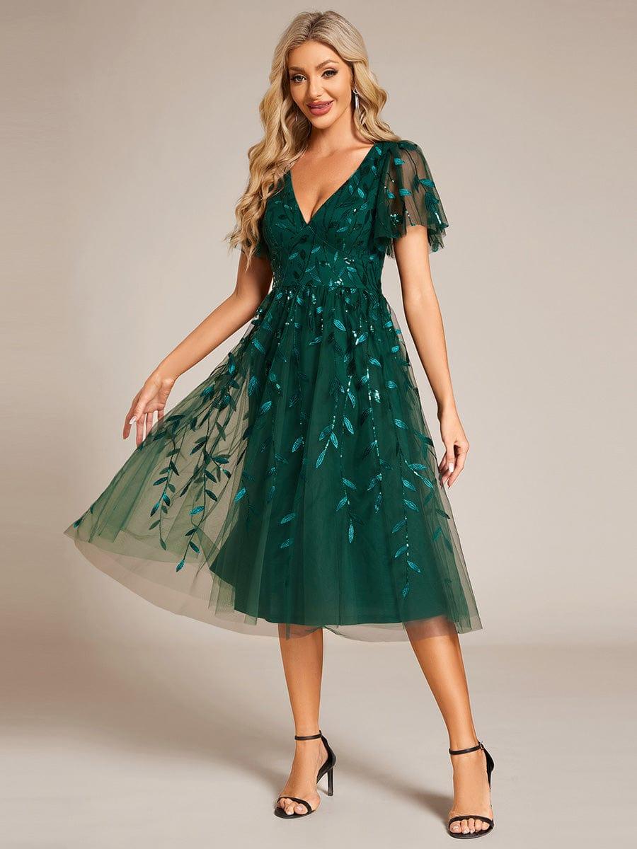 Leaf Sequin V-Neck Midi Bridesmaid Dress #color_Dark Green