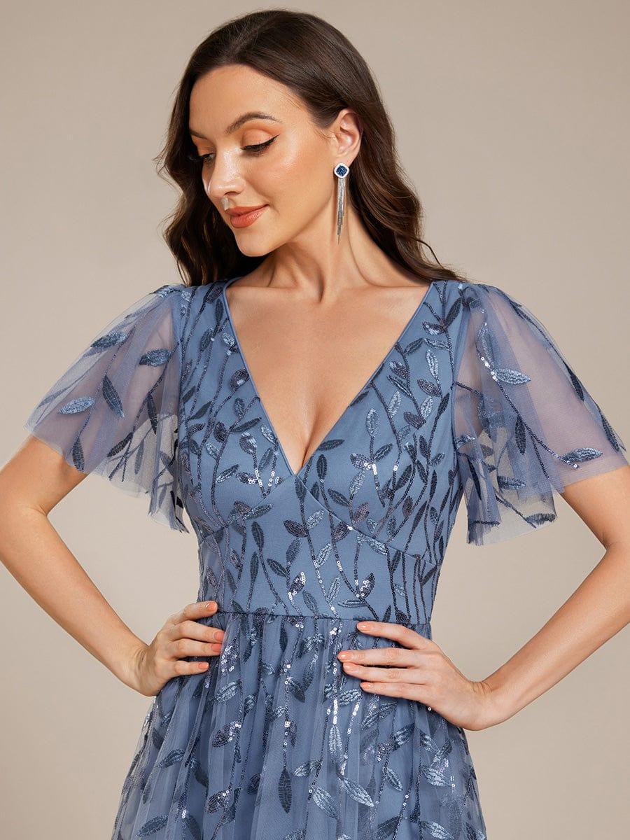Leaf Sequin V-Neck Midi Bridesmaid Dress #color_Dusty Blue