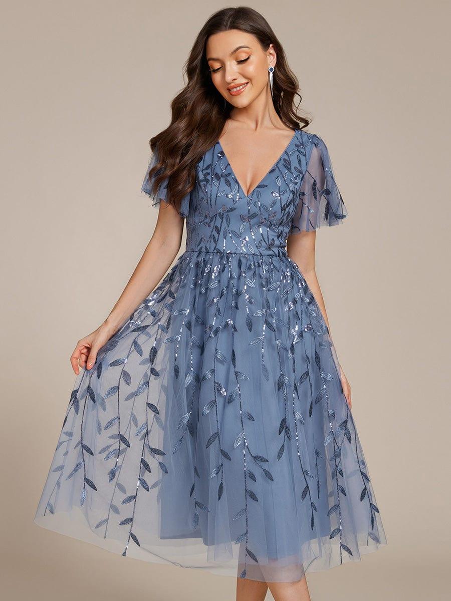 Leaf Sequin V-Neck Midi Bridesmaid Dress #color_Dusty Blue