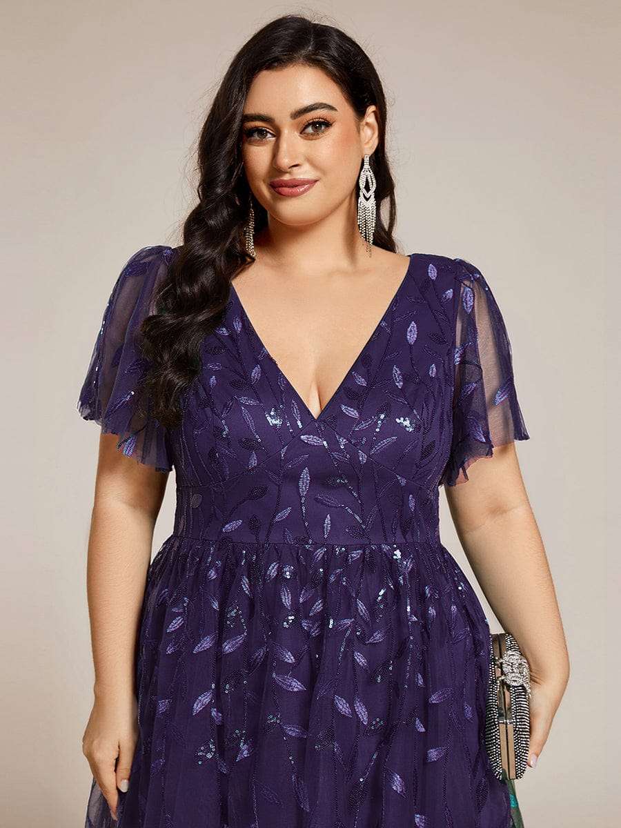Leaf Sequin V-Neck Midi Bridesmaid Dress #color_Dark Purple