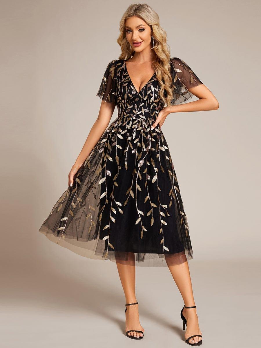 Leaf Sequin V-Neck Midi Bridesmaid Dress #color_Black & Gold