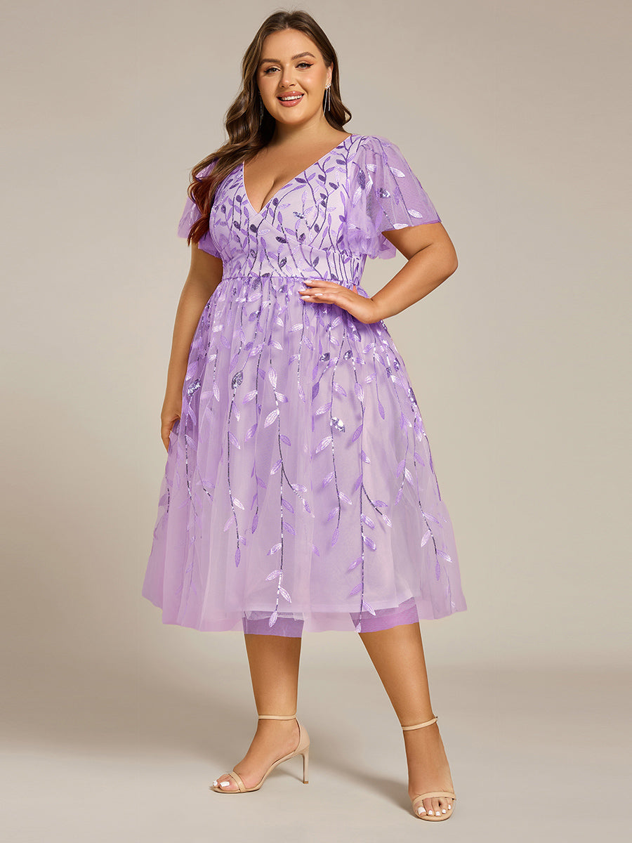 Plus Size Sparkly A-Line Midi Tulle Formal Wedding Guest Dress with Leaf Sequin #color_Lavender