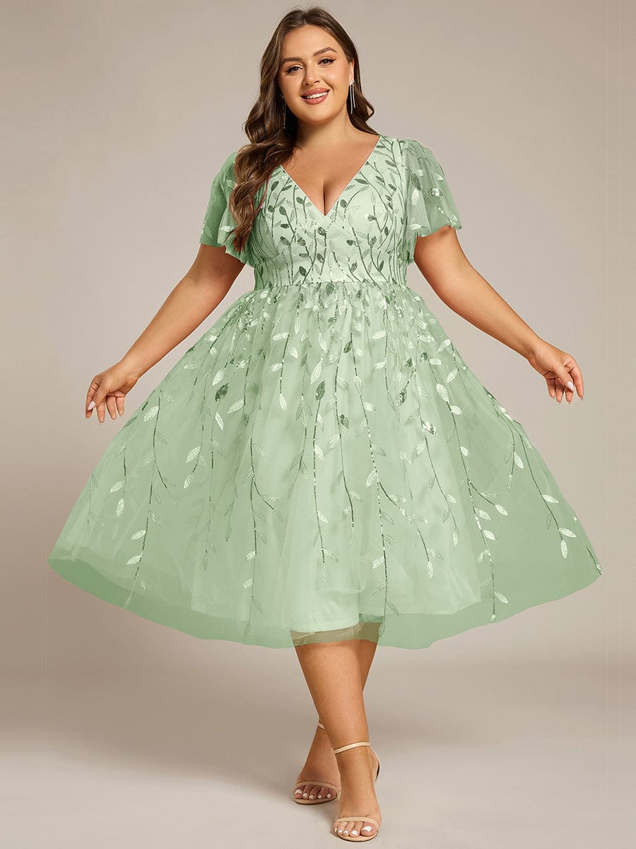 Plus Size Sparkly A-Line Midi Tulle Formal Wedding Guest Dress with Leaf Sequin #color_Mint Green
