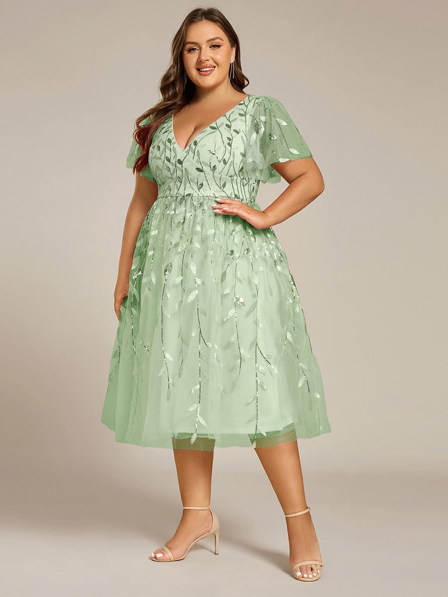 Plus Size Sparkly A-Line Midi Tulle Formal Wedding Guest Dress with Leaf Sequin #color_Mint Green