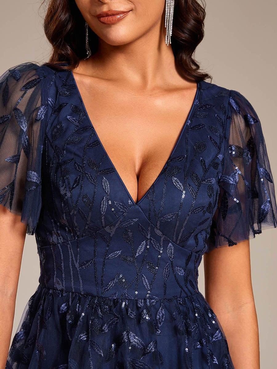 Leaf Sequin V-Neck Midi Bridesmaid Dress #color_Navy Blue