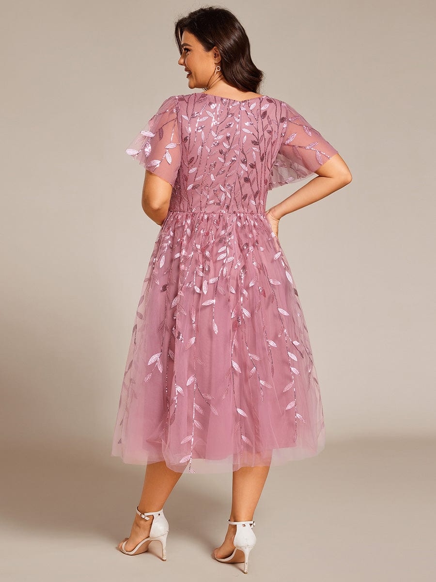 Short Sleeves Leaf Sequin A-Line Midi Formal Wedding Guest Dress #color_Purple Orchid