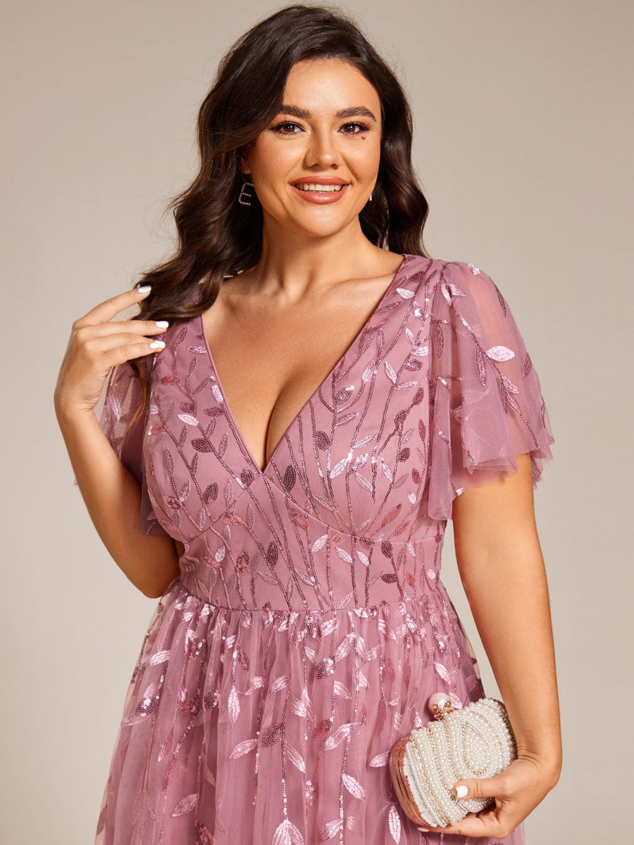 Short Sleeves Leaf Sequin A-Line Midi Formal Wedding Guest Dress #color_Purple Orchid