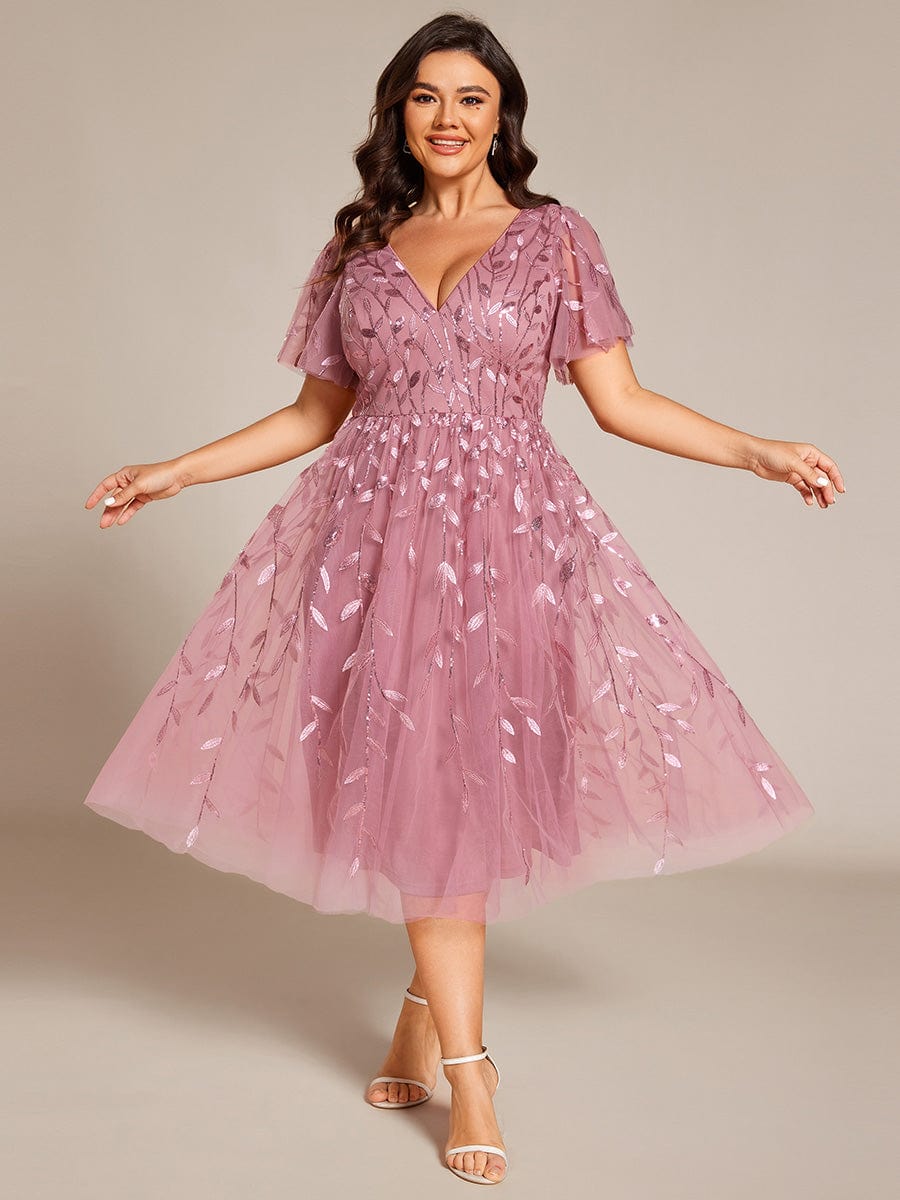 Plus Size Sparkly A-Line Midi Tulle Formal Wedding Guest Dress with Leaf Sequin #color_Purple Orchid