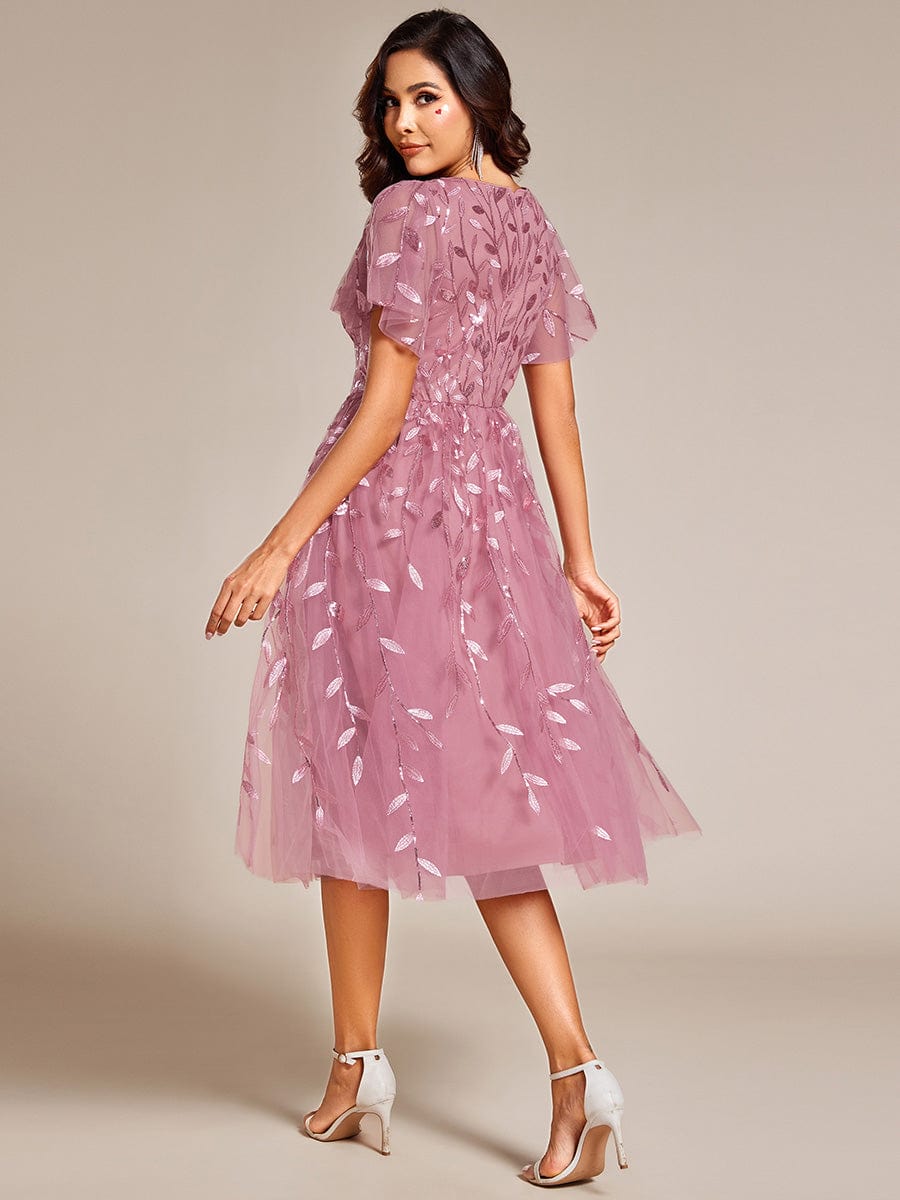Short Sleeves Leaf Sequin A-Line Midi Formal Wedding Guest Dress #color_Purple Orchid