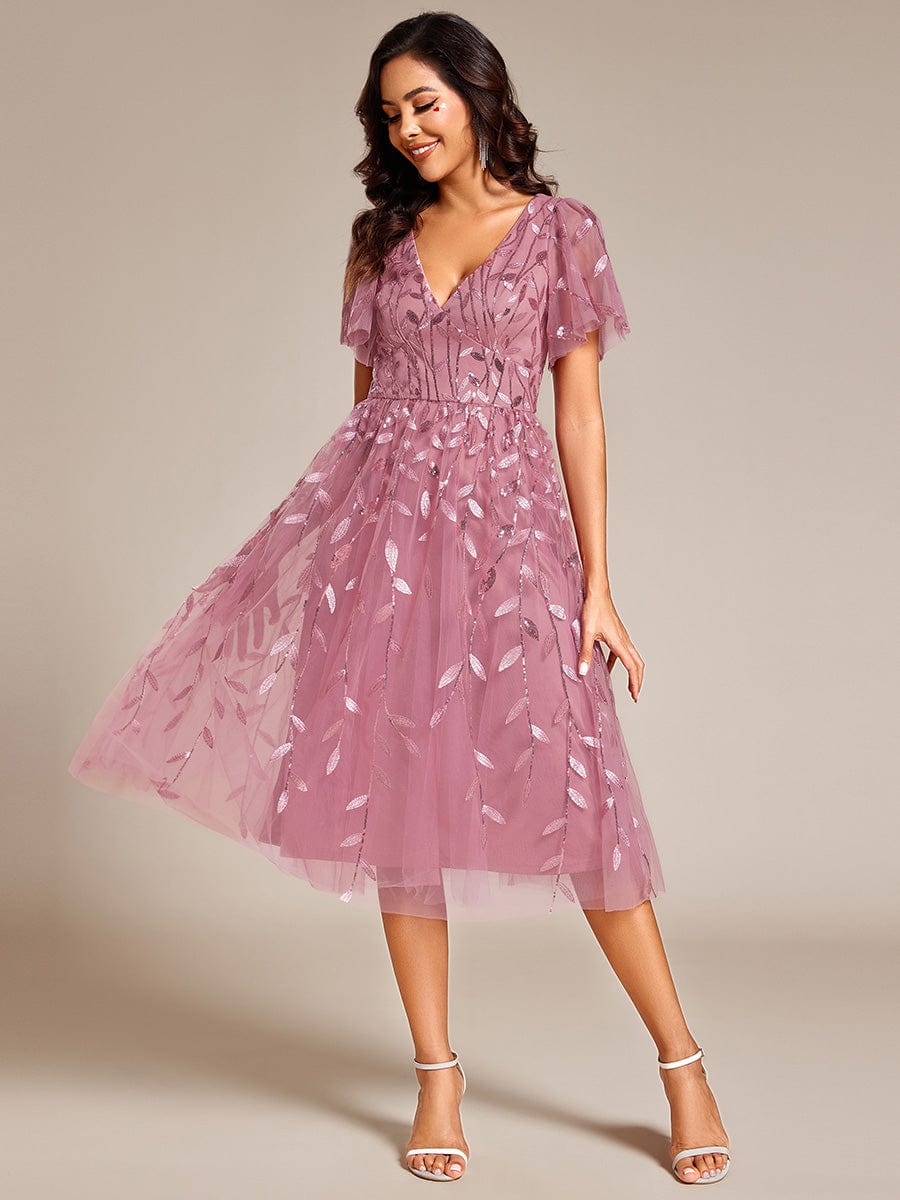 Short Sleeves Leaf Sequin A-Line Midi Formal Wedding Guest Dress #color_Purple Orchid