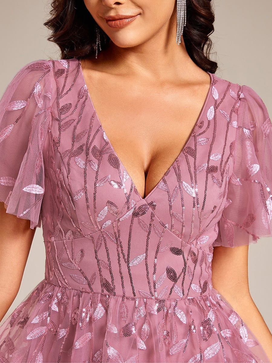 Short Sleeves Leaf Sequin A-Line Midi Formal Wedding Guest Dress #color_Purple Orchid