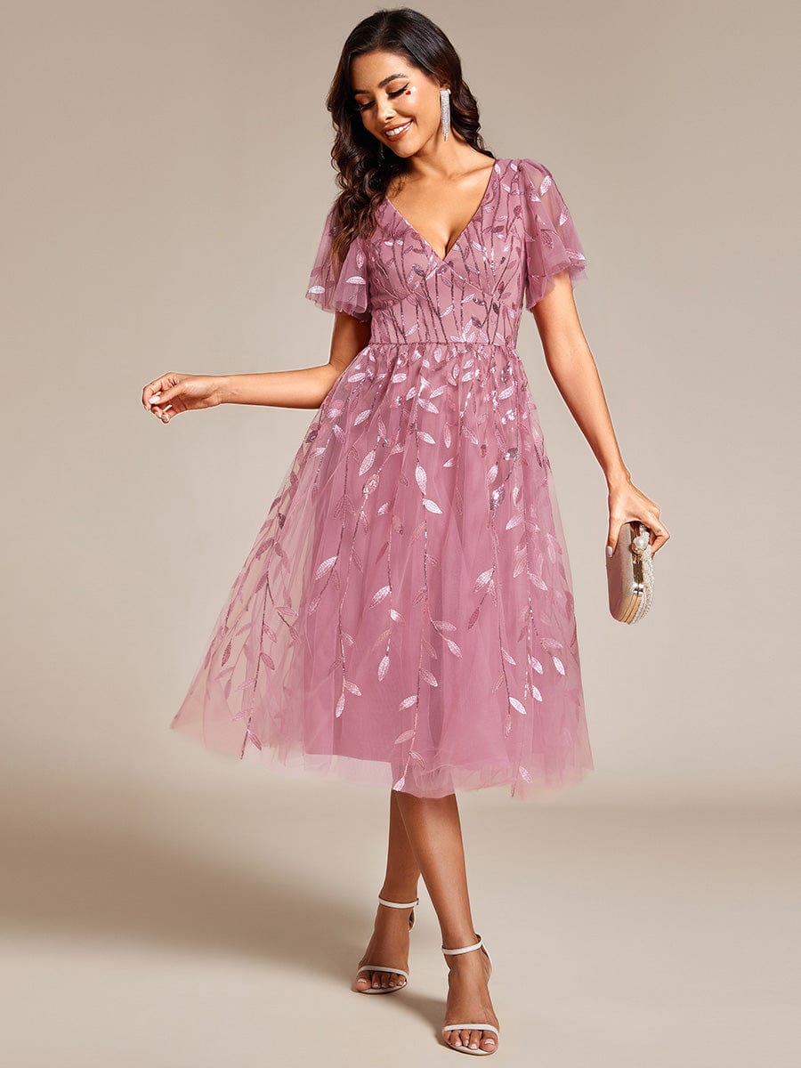 Short Sleeves Leaf Sequin A-Line Midi Formal Wedding Guest Dress #color_Purple Orchid