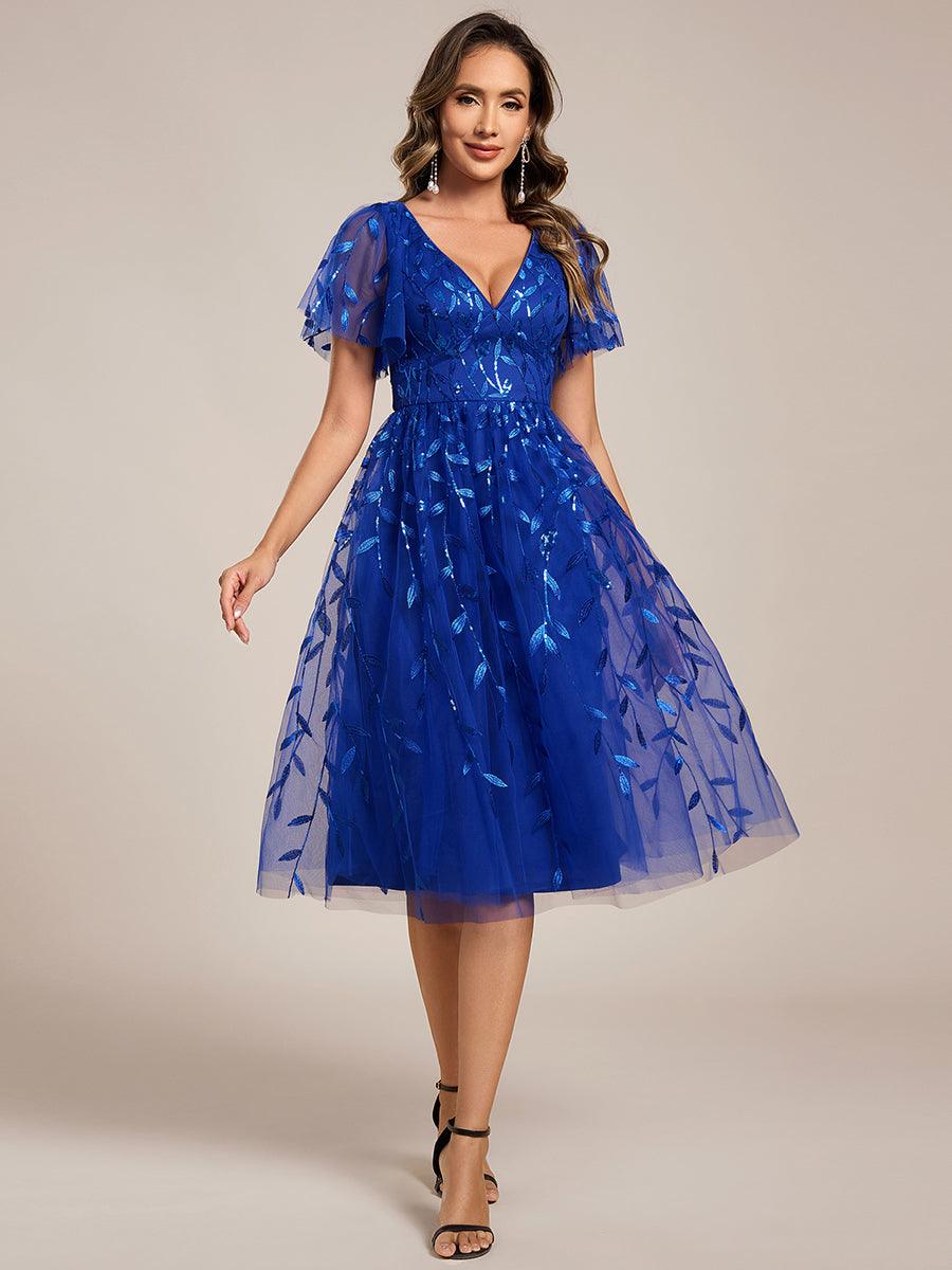 Leaf Sequin V-Neck Midi Bridesmaid Dress #color_Sapphire Blue