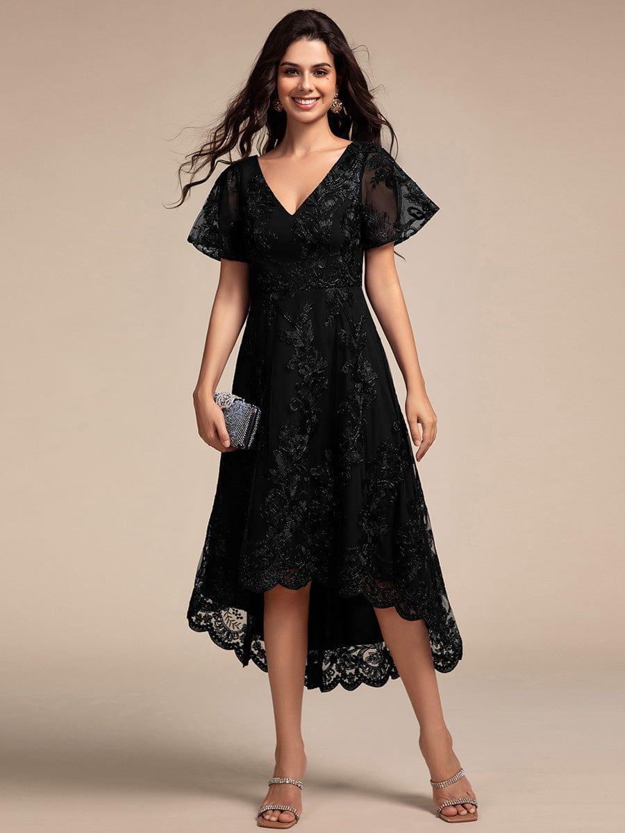 Embroidered Mesh Double V-Neck Short Sleeves Midi Wedding Guest Dress #color_Black
