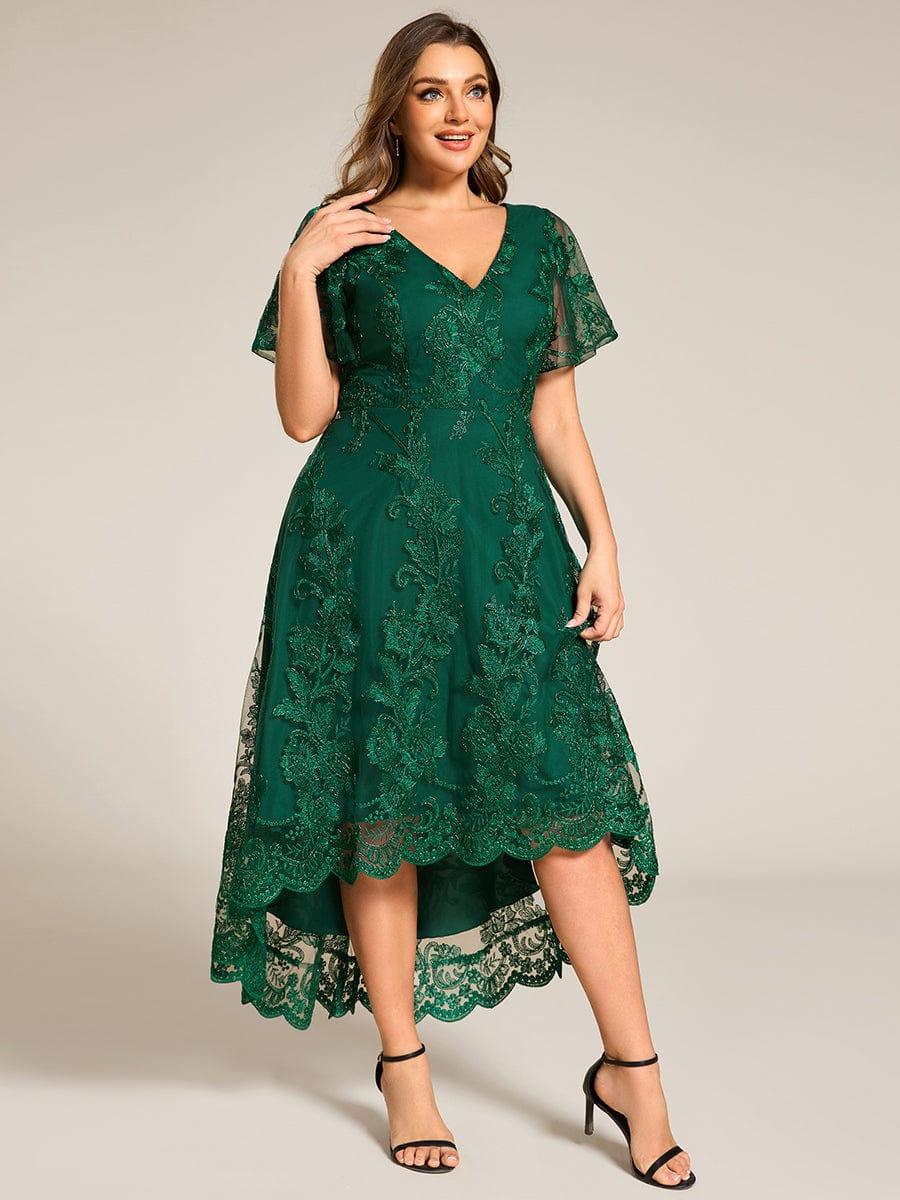 Plus Size Short Sleeves Embroidered Mesh A-Line V-Neck Midi Wedding Guest Dress #color_Dark Green