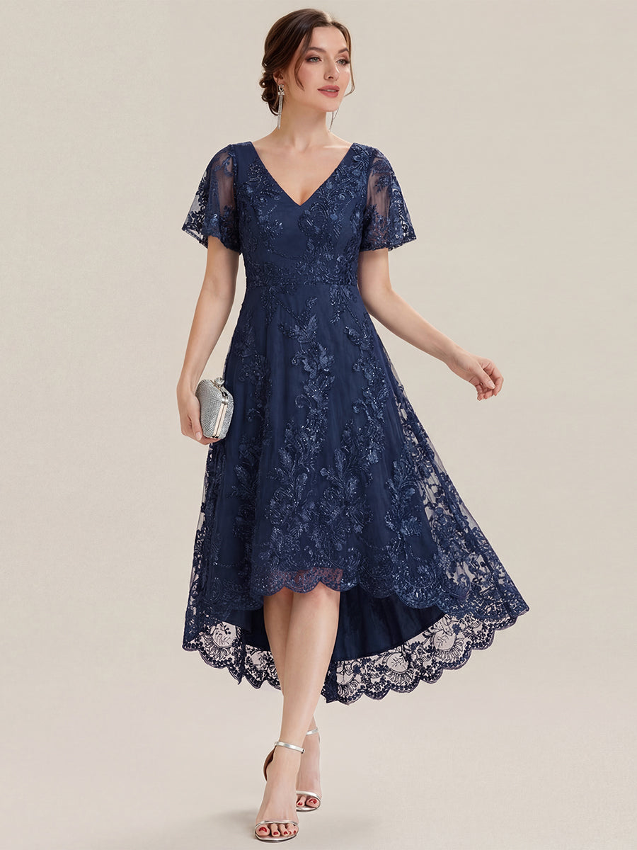 Embroidered Mesh Double V-Neck Short Sleeves Midi Wedding Guest Dress #color_Navy Blue