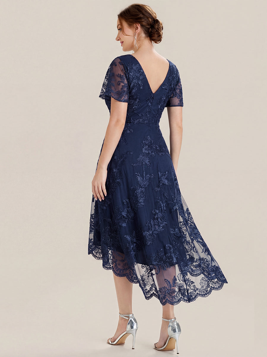 Embroidered Mesh Double V-Neck Short Sleeves Midi Wedding Guest Dress #color_Navy Blue
