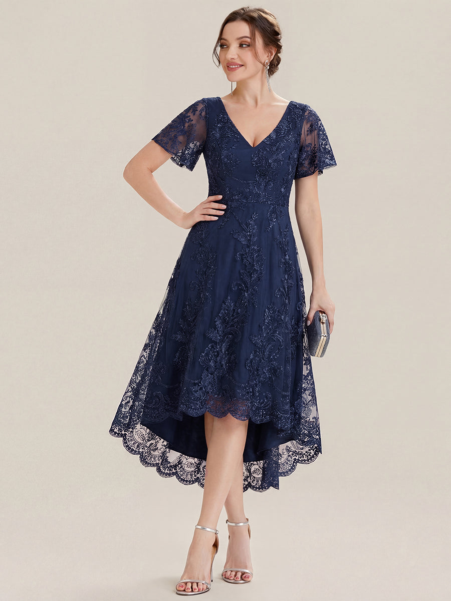 Embroidered Mesh Double V-Neck Short Sleeves Midi Wedding Guest Dress #color_Navy Blue