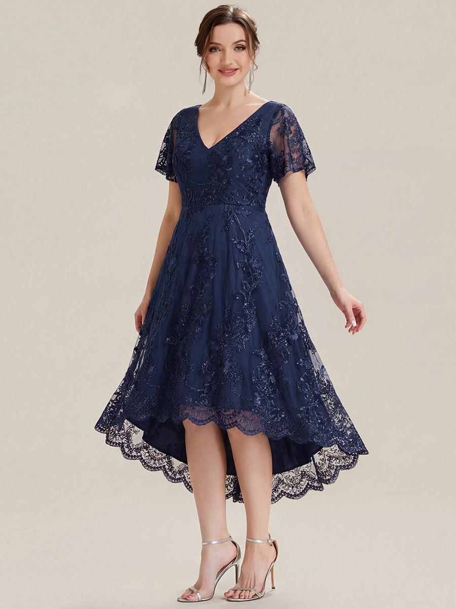 Embroidered Mesh Double V-Neck Short Sleeves Midi Wedding Guest Dress #color_Navy Blue