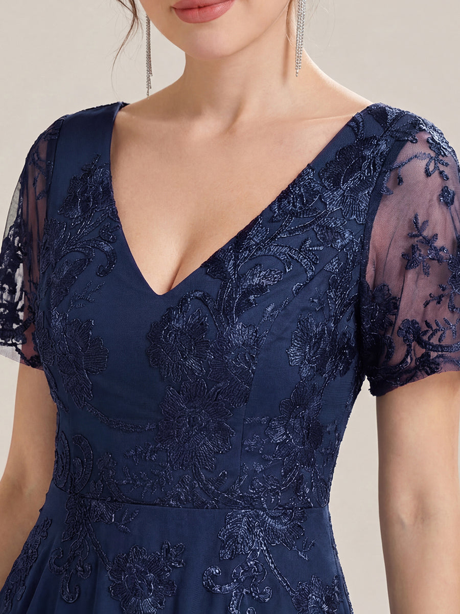 Embroidered Mesh Double V-Neck Short Sleeves Midi Wedding Guest Dress #color_Navy Blue