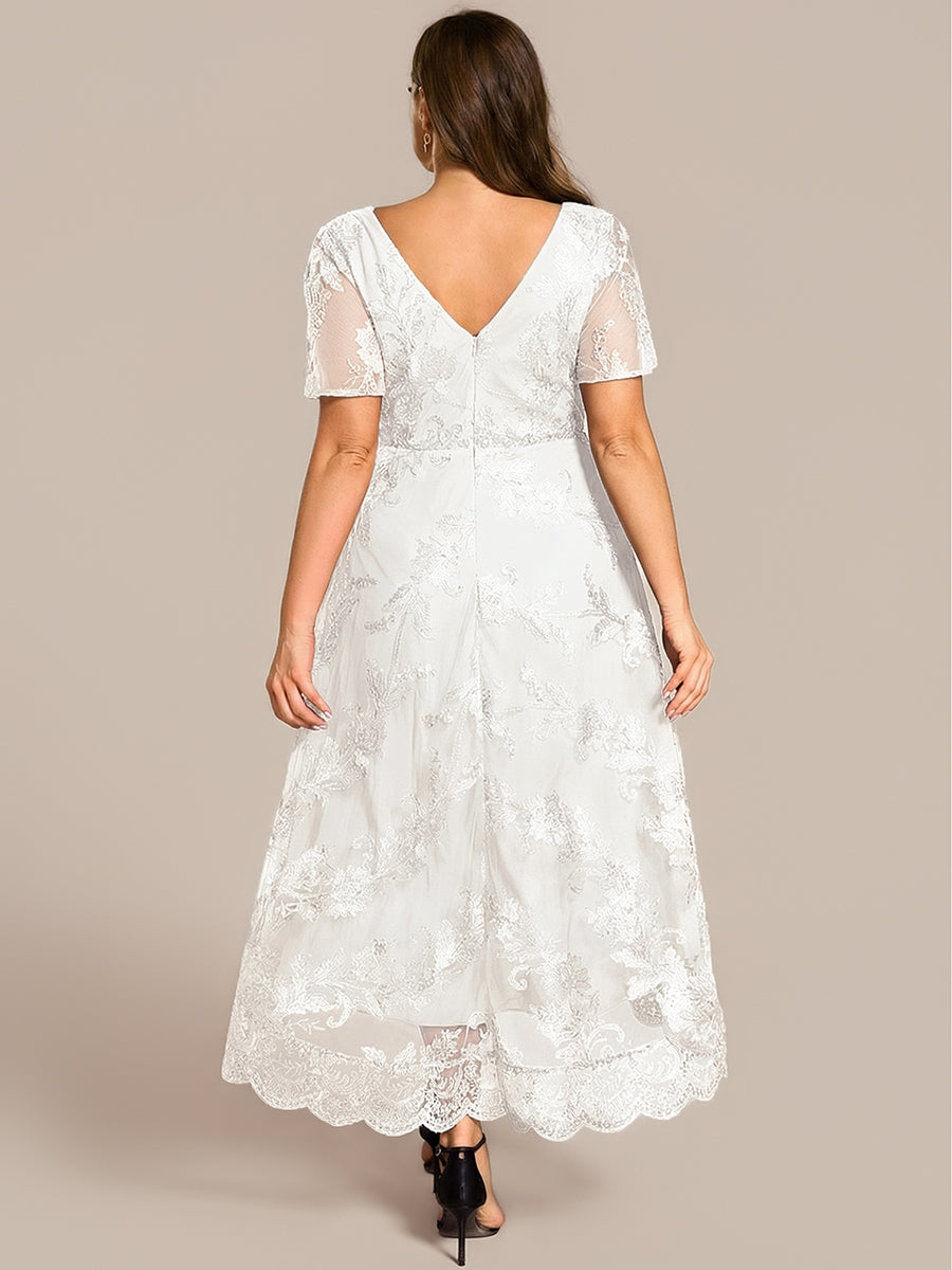 Plus Size Short Sleeves Embroidered Mesh A-Line V-Neck Midi Wedding Guest Dress #color_White
