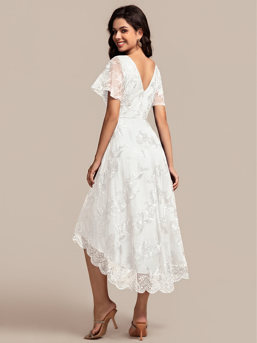 Embroidered Mesh Double V-Neck Short Sleeves Midi Wedding Guest Dress #color_White