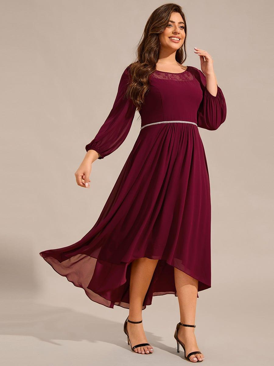 Plus Size Lace Round Neck Long Sleeve Chiffon Midi Wedding Guest Dress #color_Burgundy