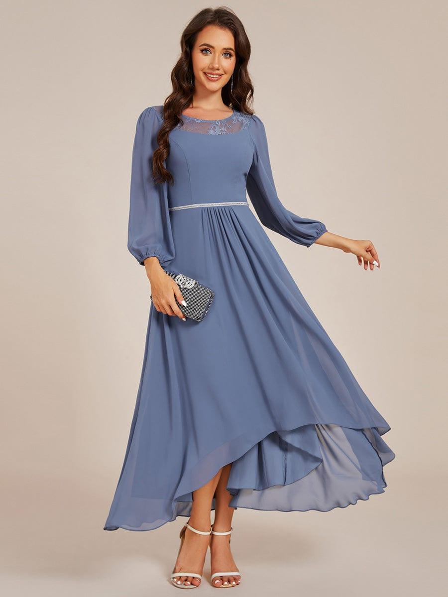 Long Sleeve Waist Chain Round Neckline Midi Chiffon Wedding Guest Dress #color_Dusty Blue