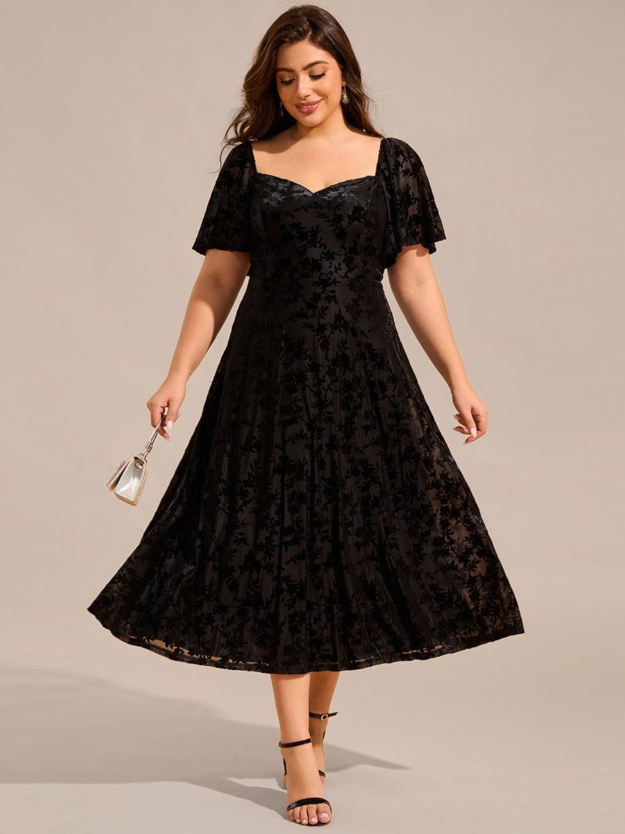 Plus Size Printed Velvet A-Line Short Sleeve Tea Length Wedding Guest Dress #color_Black