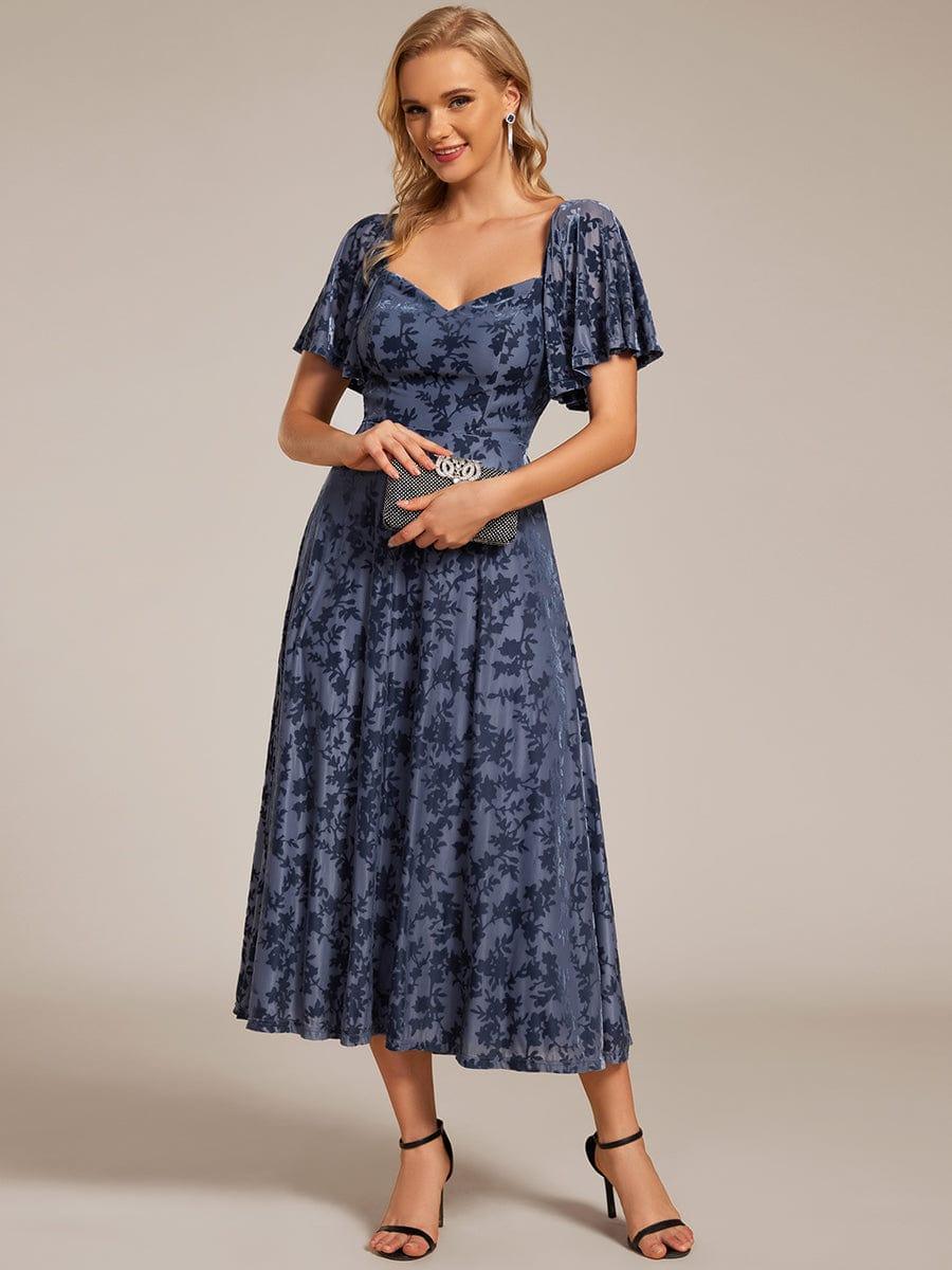 Elegant Stretchy Short Sleeve Tea Length Velvet Wedding Guest Dress #color_Dusty Blue