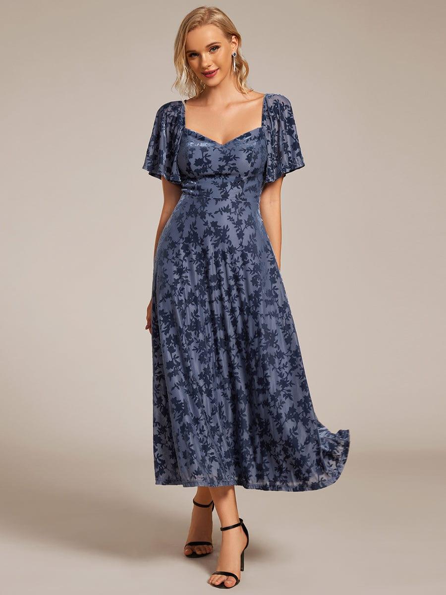 Elegant Stretchy Short Sleeve Tea Length Velvet Wedding Guest Dress #color_Dusty Blue