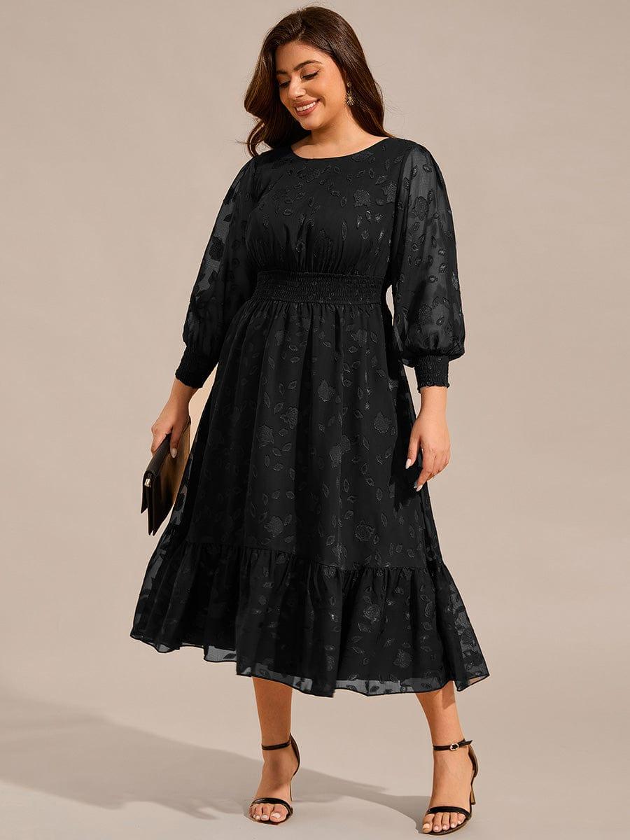 Plus Size Long Sleeve Round Neckline Midi Chiffon Wedding Guest Dress #color_Black